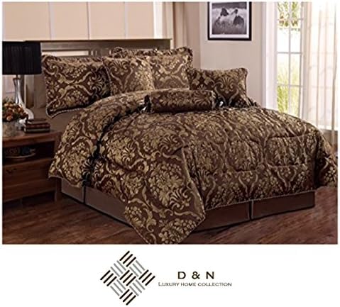 D & N Bedding Luxury Jacquard 7 Piece Bedspreads Comforter Set Bedding Bed Sets Included Bedspread 2 Pillow Cases Valance Sheet Filled Cushion Filled Decorative Pillow Filled Neck Roll (Brown, King)