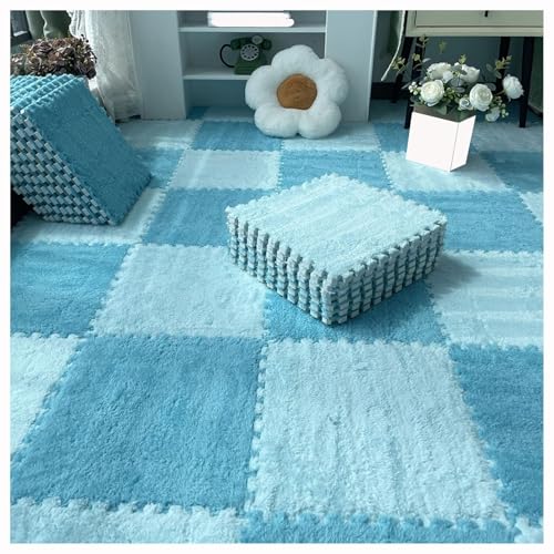 12pcs 30x30cm Interlocking Puzzle Carpet Tiles with Edgings, Plush Foam Floor Rugs Tiles, Fluffy Square Foam Mat(Dark Blue+Light Blue)