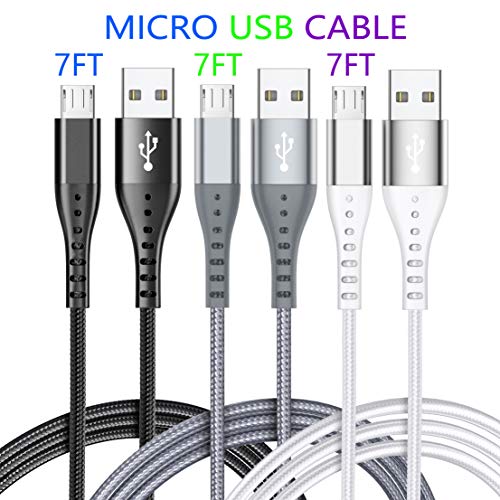 Android Charger Cable XnewCable High Speed Cell Phone Charger 7FT 3PACK Micro USB Cable Multi-Colors Nylon Braided Fast Charging Cord Compatible Android Samsung HTC LG Nexus Kindle (White+Gray+Black)