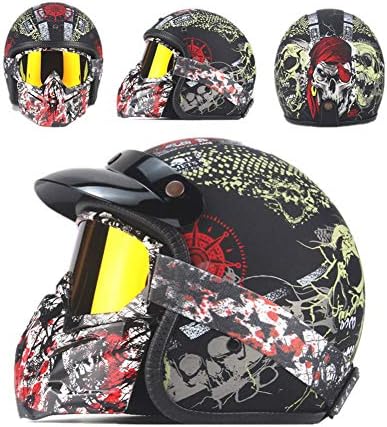 LEENY Retro Jet Helmet Motorcycle Open-Face 3/4 Crash Helmet with Vintage Mask Removable Sun Visor, Pirate Skull Jet-Helmet Cruiser Scooter Electric Moto Moped Motorbike Helmet