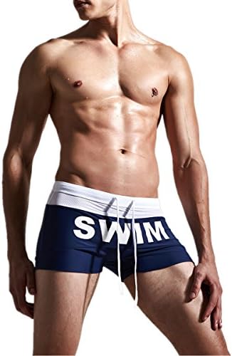Men's Swim Trunks , JELEGANT Swimming Briefs Swimwear Shorts Four Corner Breathable Mesh Pants Swimsuit Beachwear with Drawstring White-Blue-XL