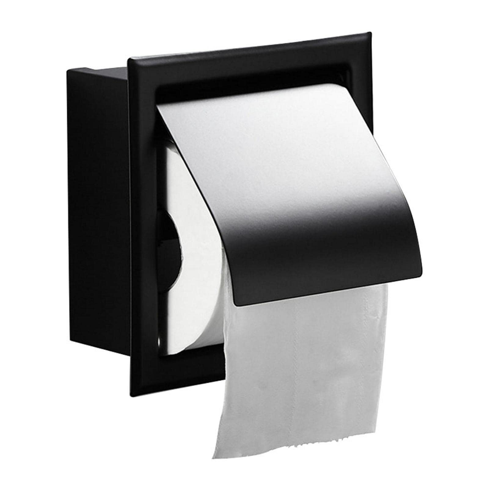 Kisbeibi Matte Black Toilet Paper Holder, Wall Mount Toilet Paper Roll Holder with Cover, Stainless Steel Recessed Toilet Paper Roll Holder Storage Box for Bathroom