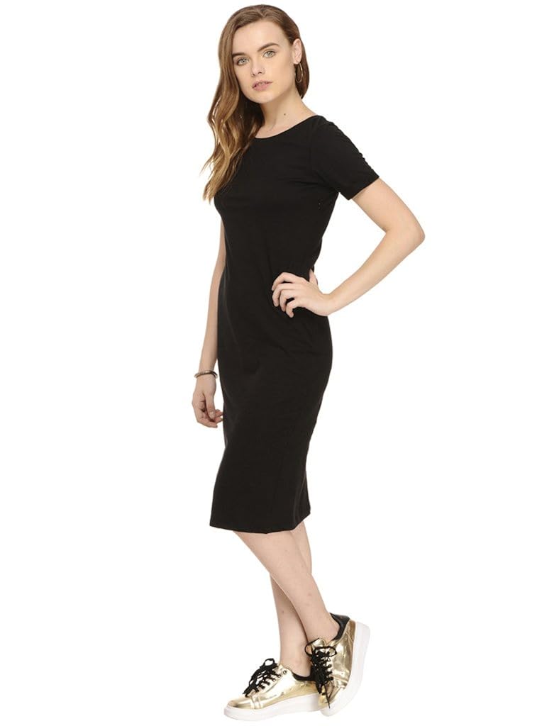 rigo black solid knee length half sleeve bodycon dress