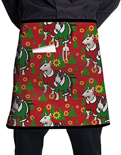 Bull Terrier Christmas Bib Apron for Women Men - Waterproof Chef Apron with Front Pocket for Kitchen Cooking Craft Baking