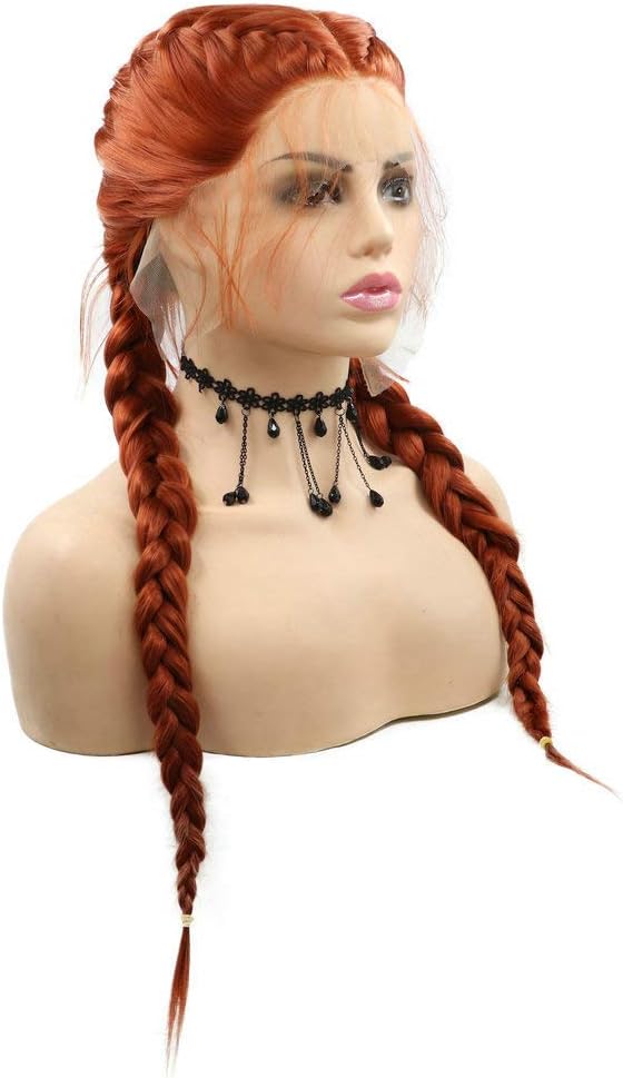 SereneWig Ladies 360# Dark Orange Double Braids Wigs with Baby Hair Synthetic Lace Front Wigs for Women Cosplay Daily Festival Copper Orange Braided Wigs Drag Queen - Image 5