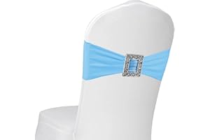 PWDAN 100 Pack Spandex Stretch Chair Sashes Bows Elastic Chair Cover Bands Ties with Buckle Slider for Wedding Party Banquet Restaurant Baby Shower Chairs Decorations (Baby Blue)