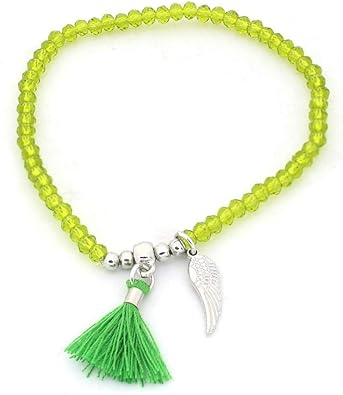 Musthaves Damen Armband mit Glasperlen, Feder und Quaste - Gummiband