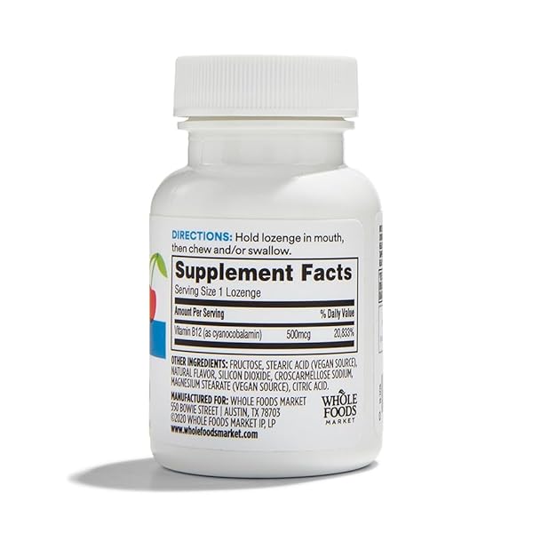 365 BY WHOLE FOODS MARKET, VITAMIN B12 500MCG LOZENGES, NATURAL CHERRY FLAVOR, VEGAN, 100 COUNT