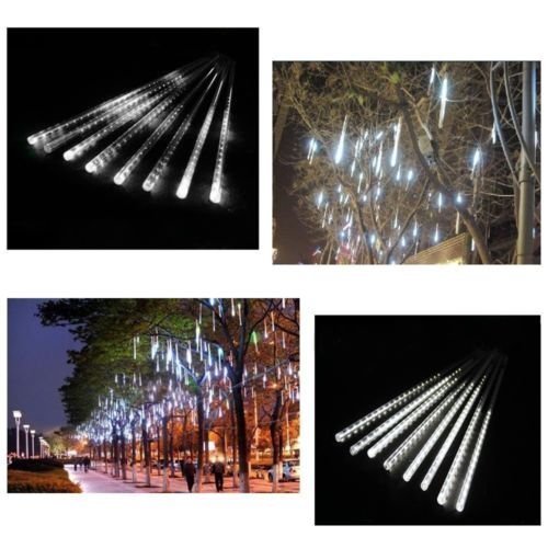 ZCplus LED Meteor Shower String Lights 11.8 Inch 8 Tube 144 LEDs Snow Falling Raindrop Cascading Light for Wedding Xmas Garden Tree Decor ( White)