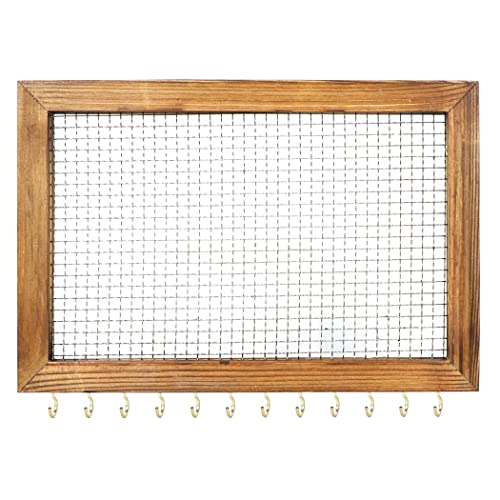Jewelry Organizer Wall Mounted Mesh Rustic Wood Vanity Jewlerynorganizer Display Earring Storage Holder Organiser with Hooks Hanging Earing, Necklace, Bracelet and Sunglasses(Stencil)