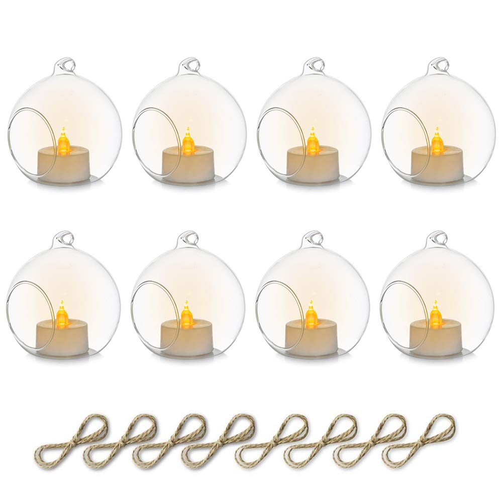 Sziqiqi 8cm Hanging Glass Tealight Candle Holder with LED Candle, 8Pcs Hanging Tea Light Glass Globe Terrarium Candle Holder Ornament for Wedding Christmas Birthday Halloween Party Centerpieces Decor