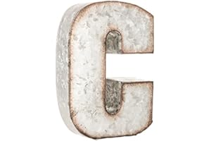 CraftyCrocodile 7" Galvanized Metal 3D Wall Letter C Block,Metal Monogram Decor,Hanging or Freestanding Initials With Keyhole Bracket,Industrial, Distressed, Rustic Style Sign for Home, Living Room