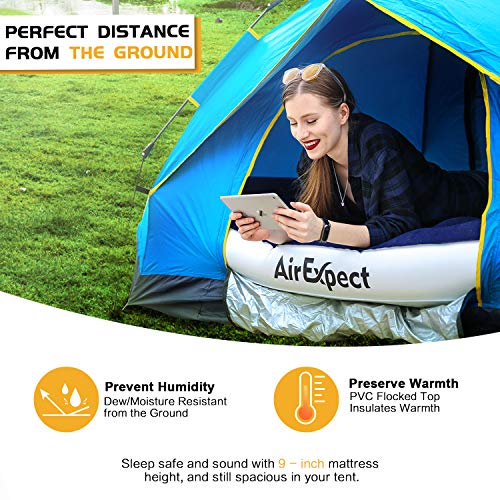 Air Mattress Camping AirBed Queen Size - AirExpect Leak Proof Inflatable Mattress with Rechargeable Electric Pump Built-in Pillow for Guest,Camping,Hiking, Height 9", 2-Year Warranty, Storage Bag