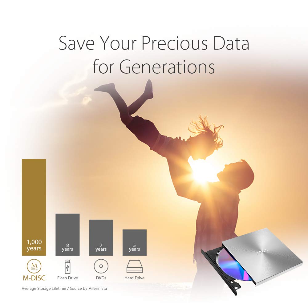 ASUS ZenDrive Silver 13mm External 8X DVD/ Burner Drive +/-RW with M-Disc Support, Compatible with both Mac & Windows and Nero BackItUp for Android devices (USB 2.0 & Type-C cables included)