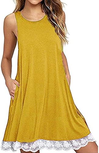 Women Summer Sleeveless Tank Dress Loose Lace Crochet Swing T-Shirt Dress Beach Sundress