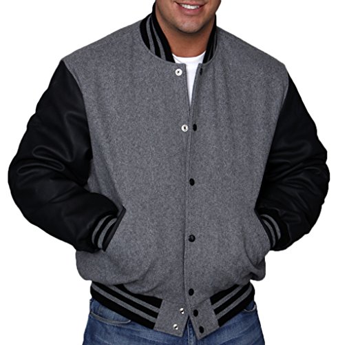 Stewart & Strauss Varsity Letterman Jacket Grey Wool & Black Leather,C128-XS