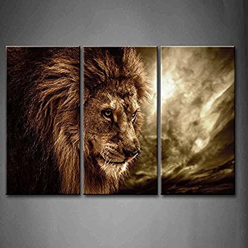 TMD Shop 3 Panel Wall Art Brown Fierce Lion Against Stormy Sky Painting The Picture Print On Canvas Animal Pictures For Home Decor Decoration Gift piece