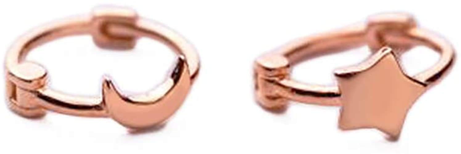 Asymmetrical Star Moon Small Hoop Earrings for Women Girls 925 Sterling Silver Charms Tiny Minimalist Crescent Moon Star Cartilage Clip Cuff Stud Earrings Fashion Delicate (Rose Gold)