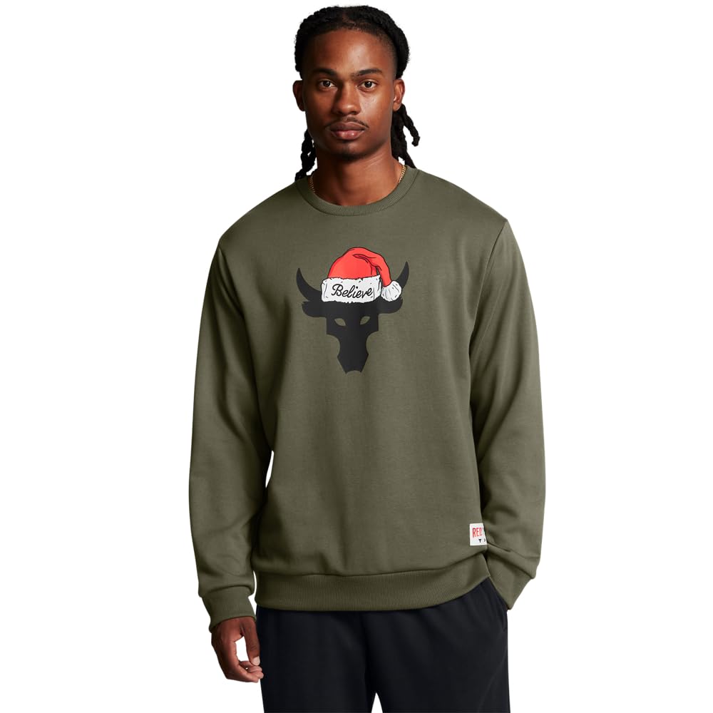 Under Armour Men’s Project Rock Red One Believe Crew Neck Sweatshirt, (390) Marine OD Green / / White, Large