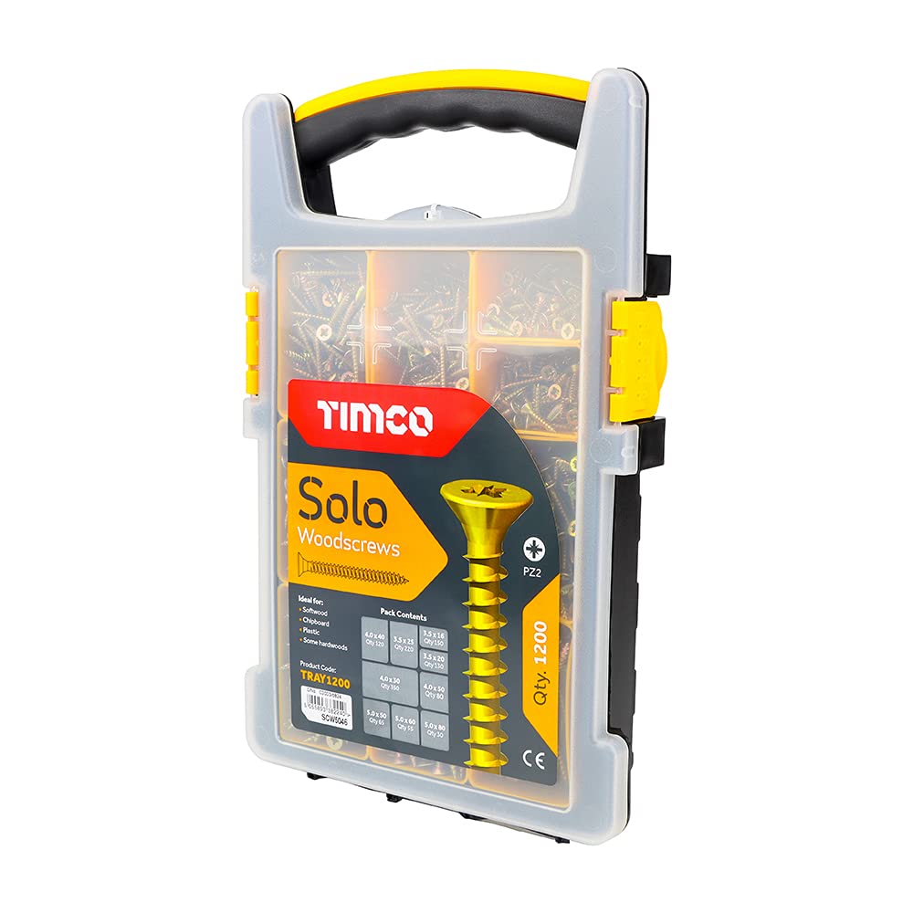 TIMCO Solo Woodscrews - Mixed Tray - Ideal for timber and manmade board applications - Gold mixed size screws - 1200 pieces