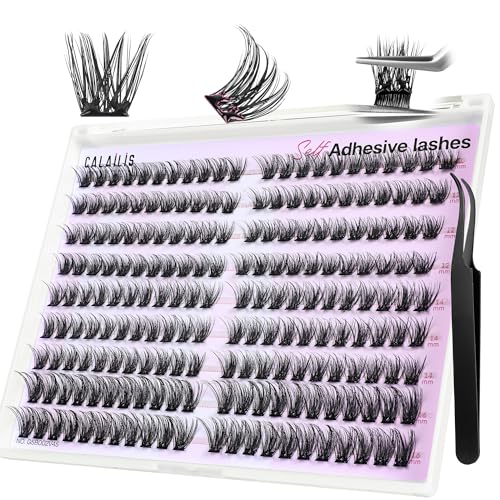 CALAILIS Self-Adhesive Eyelash Extensions, 198 Pieces, D Curl Wispy Eyelashes, Self-Adhesive, Press On Lashes, No Glue Needed, Pre Glue Eyelashes with Tweezers (A14)