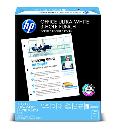 HP Paper, Office Ultra White, 20lb, 8.5 x 11, 3 Hole Punch , 92 Bright, 500 Sheets / 1 Ream (113102R), Made In The USA