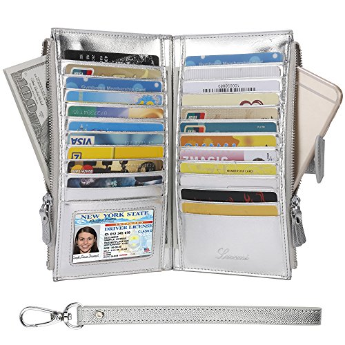 Wallet for Women- Womens RFID Blocking Genuine Leather Bifold Multi Card Case Wallet with Zipper Pockets(Silver)