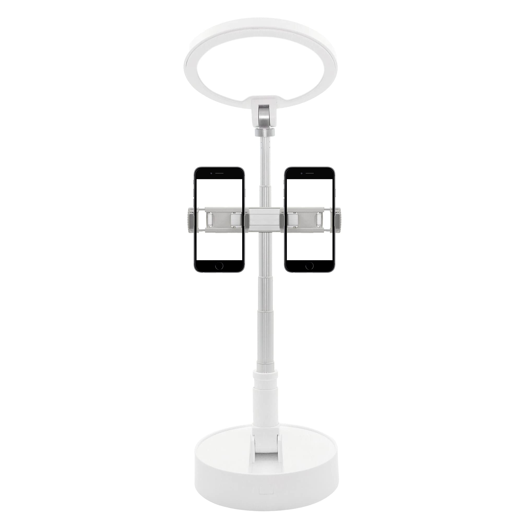 RIIEYOCA Foldable LED Desk Lamp with Dual Phone Holder, Eye-Caring Table Lamps, Rechargeable Lamp , 3 Color Temperatures with 5 Brightness Levels, for Photography, Dormitory(White)