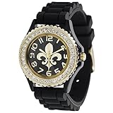 Geneva Platinum 6886 Women's Rhinestone Fleur De Lis Silicone-Blk/Gold