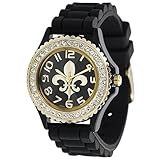 Geneva Platinum 6886 Women’s Rhinestone Fleur De Lis Silicone-Blk/Gold