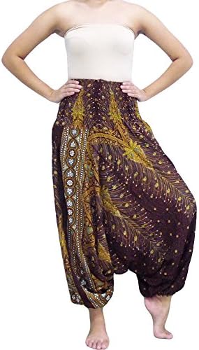 Loong Cha's Unisex 2 Type Harem Jumpsuit pants,Fine Art Print Smocked Waist &amp; Jump leg Version : I (PE1 Brown)