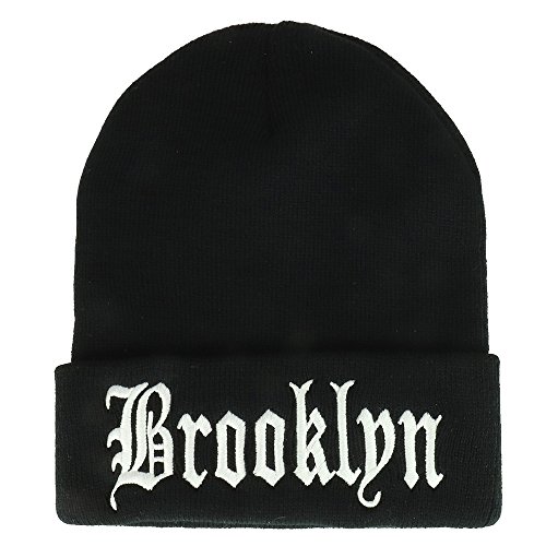 Trendy Apparel Shop Brooklyn Old English Font Embroidered Long Cuff Beanie- Black