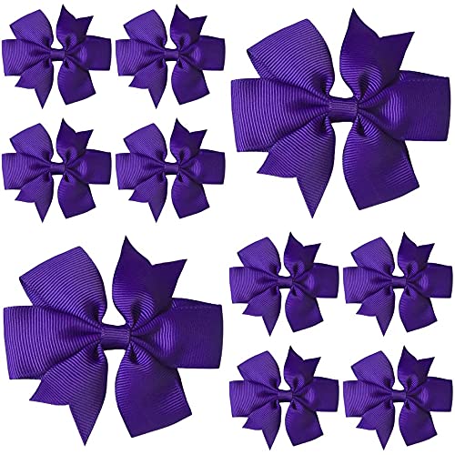 Purple Hair Bows for Girls – 3 Inch Grosgrain Pinwheel Ribbon Bows with Crocodile Clips – School Uniform Hair Accessories for Children, Toddlers & Kids - 10 Pack