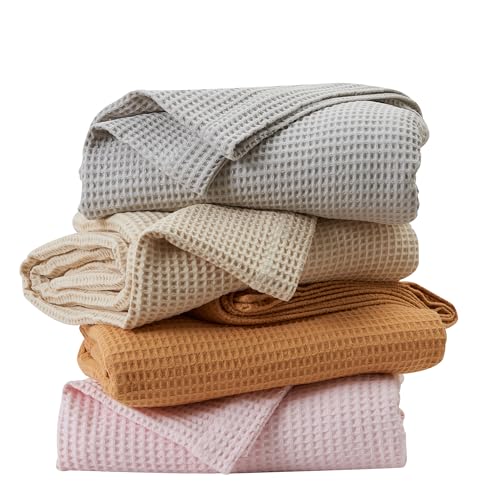Photo 1 of 100% Cotton Blanket for Full Queen Size Bed - Taupe Waffle Weave Lightweight Summer Bed Blanket - 90x90in Prewashed Breathable, Woven, Layering Blanket (Full/Queen, Toffee)