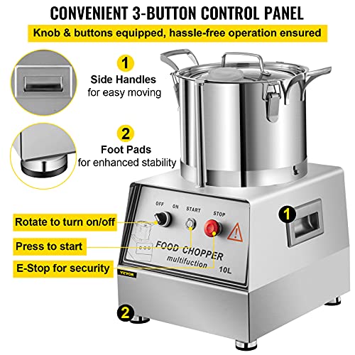 VBENLEM 110V Commercial Food Processor 10L Capacity 1100W Electric Food Cutter 1400RPM Stainless