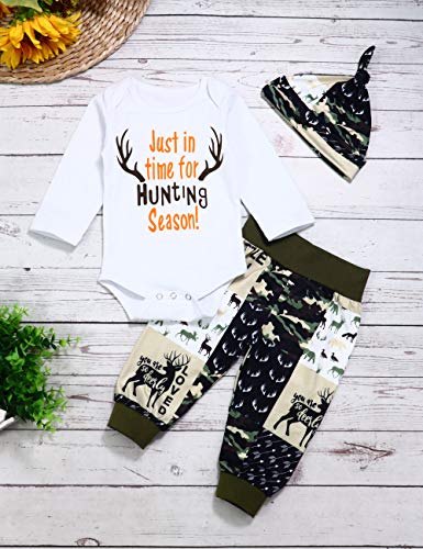 Newborn Baby Boy Girl Clothes Hunting Season Letter Print Romper+ Long Pants +Hat+Headband Outfits Set