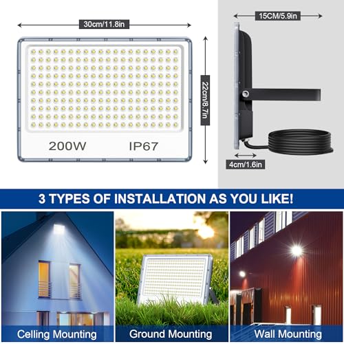 TASINUO Outdoor LED Spotlight 200W 2 Pieces, Outdoor LED Spotlight IP67, 20000LM 7000K Cool White Lamps, 200 LEDs Lights for Garden, Patio, Garage, Sports