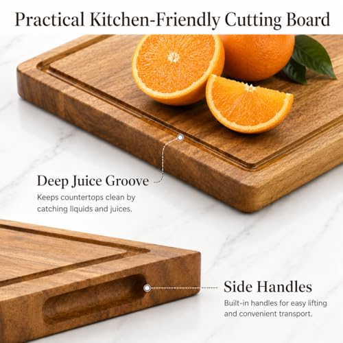 Tabla para Picar Cocina de Madera de Acacia 42 × 33 × 2.5 cm,ideal para carne, verduras, quesos y charcutería, reversible con canal para jugos
