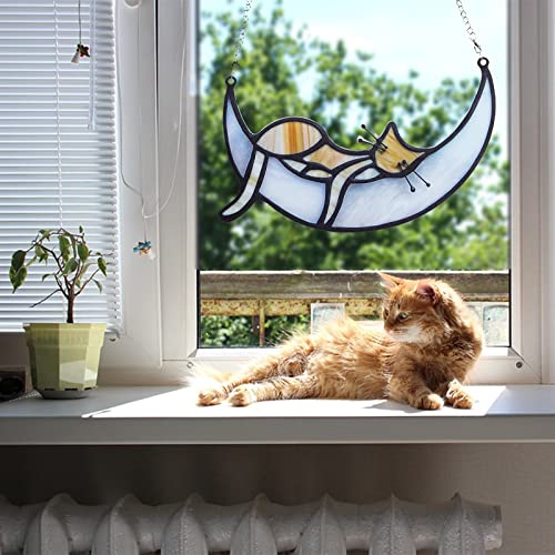 Orange Tabby Cat Decor, 2 Pcs Cat Decor Suncatcher, Window Suncatcher Cat on Moon Memorial Gifts Gifts for Cat Lovers