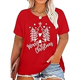 Plus Size Christmas Shirts for Women Merry and Bright Tshirt Xmas Tree Holiday Short Sleeve Tops