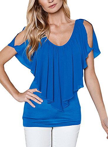 Alvaq Womens Summer Ruffle Cold Shoulder V Neck Cotton Top Tunic Blouses Party X-Large Blue