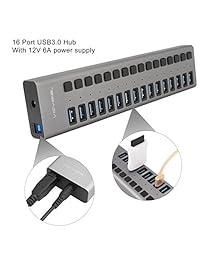 Hub USB 3.0 con adaptador de alimentación y puerto de carga y interruptores de alimentación individuales para Windows Vista 7 8 10; MacOS-8 9 X, UNIX, Linux, Gris