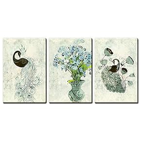 3 Panel Canvas Wall Art - Vintage Style Peacock with Flowers in Vase - Giclee Print Gallery Wrap Modern Home Art Ready to Hang - 16"x24" x 3 Panels