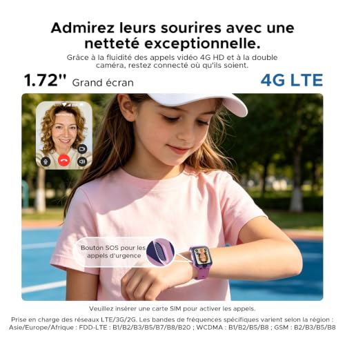 DOOGEEEco Anyscene S3 Children's GPS Smart Watch, 1.72 Inch HD Screen, 4G LTE Video Calls, IP68 Waterproof, 16 GB Memory, 900 mAh Battery, Pedometer Alarm Clock Games Birthday Gift, Pink