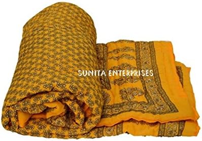 Indian Jaipuri Yellow Cotton Authentic Handmade Reversible Rajasthani Single Bed Jaipuri Razai( Sanganeri Quilt,Rajai ) with Cotton Filling