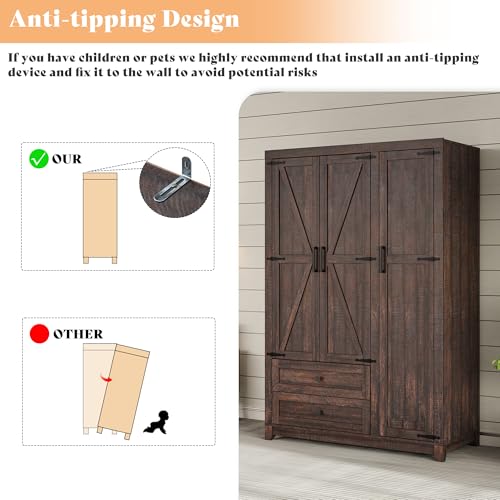 Jocisland Farmhouse 3 Door Wardrobe Closet with 2 Drawers & Hanging Rod, 47" Large Armoire Storage Cabinet with Adjustable Shelves, Freestanding Clothing Organizer for Bedroom, Barnwood Brown