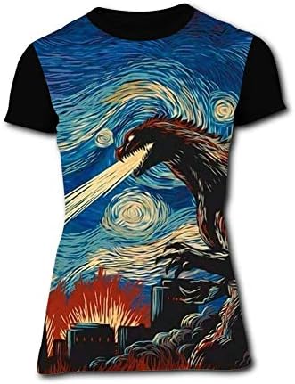 BUZAILIANX Women's The Starry Night God-Zilla Monster 3D Print Classic Short Sleeve T-Shirt