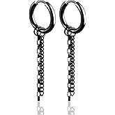 Fusamk Fashion Stainless Steel Huggie Hinged Hoop Earrings Tassel Long Chain Dangling Drop Earrings