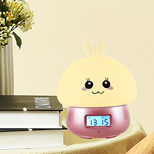 UMIRNI Multicolor Silicone Alarm Clock Led Touch Table Nightlight Rechargeable Sensitive Remote Control Cute Animal Desk Lamp Bedroom Lamp for Baby, Children, Toddlers or Nursery -Pink