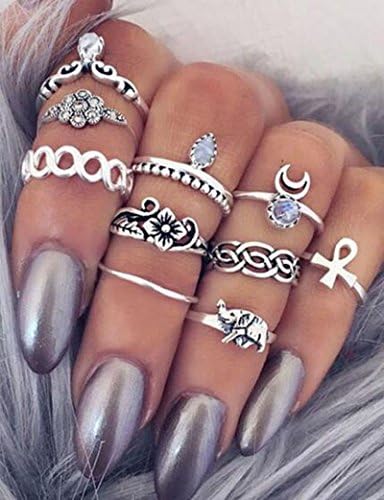 10pcs Women Punk Vintage Knuckle Rings Tribal Ethnic Hippie Stone Joint Ring Set